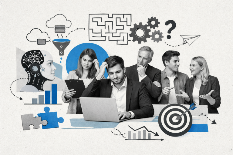 Profesionales analizando datos y decisiones de negocio junto a gráficos e inteligencia artificial en un entorno conceptual empresarial