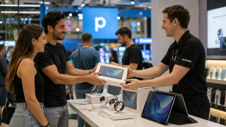 Clientes reciben relojes inteligentes y tablets Huawei en una tienda física de Personal durante una acción promocional en Argentina