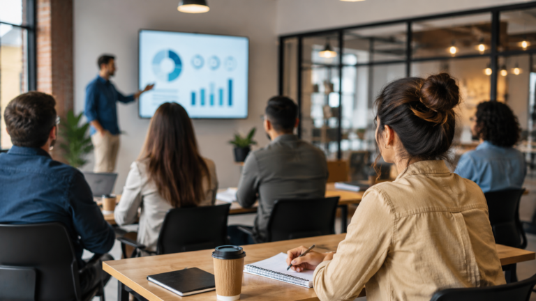 Profesionales participando de una capacitación laboral y desarrollo de habilidades en un entorno corporativo moderno