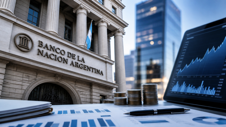 Edificio del Banco Nación junto a gráficos financieros y monedas que representan la emisión de deuda en el mercado argentino