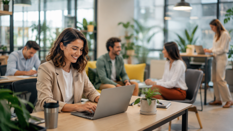 Empleados trabajando en una oficina moderna y luminosa con espacios colaborativos y ambiente relajado, representando bienestar laboral y nuevas prioridades del trabajo en 2026