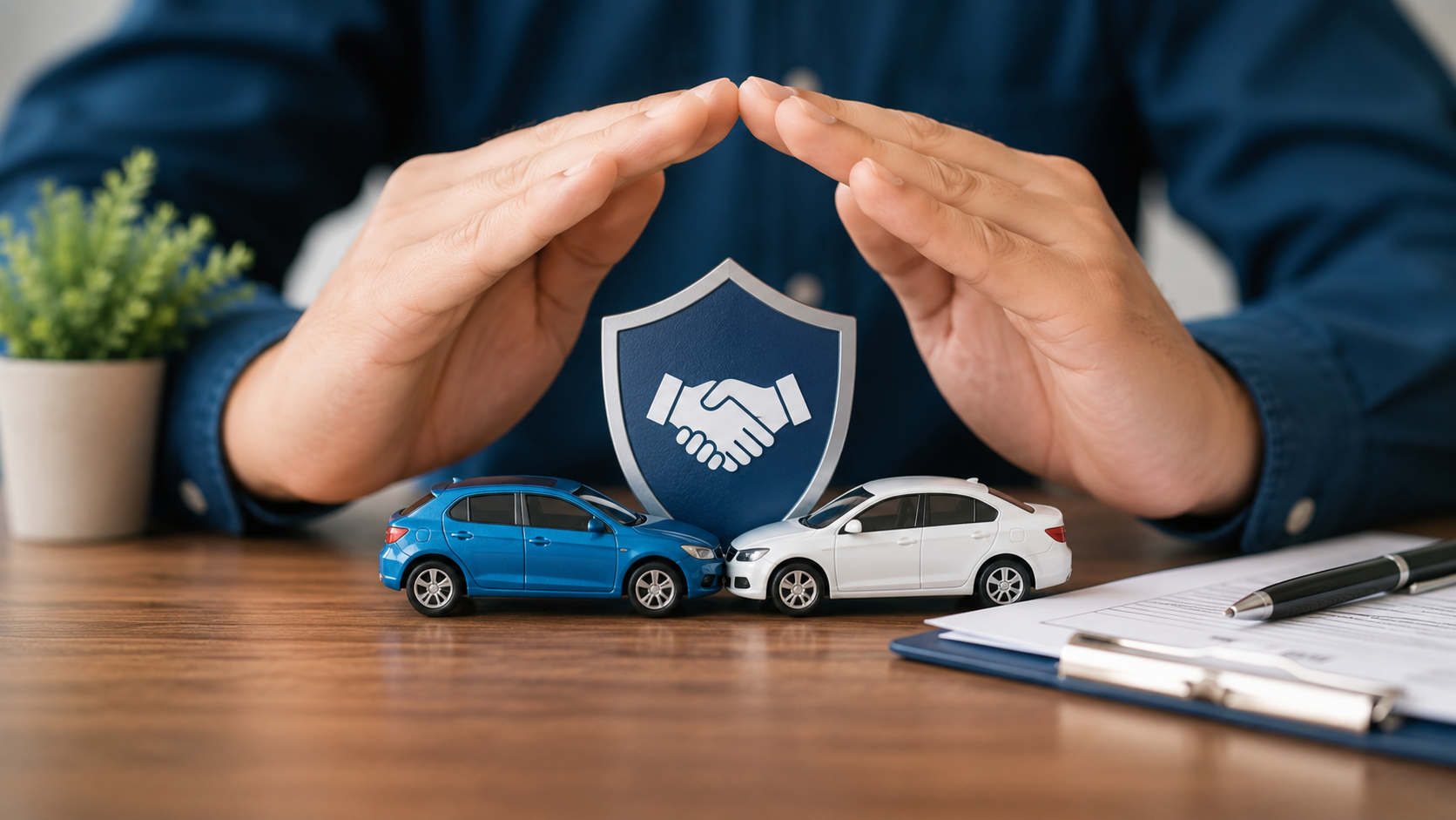 Manos protegiendo dos autos en miniatura junto a un símbolo de acuerdo y documentación de seguros, representando rapidez y eficiencia en la gestión de siniestros