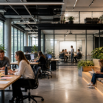 Oficina moderna con equipos colaborando en espacios abiertos y diseño innovador con áreas verdes y luz natural