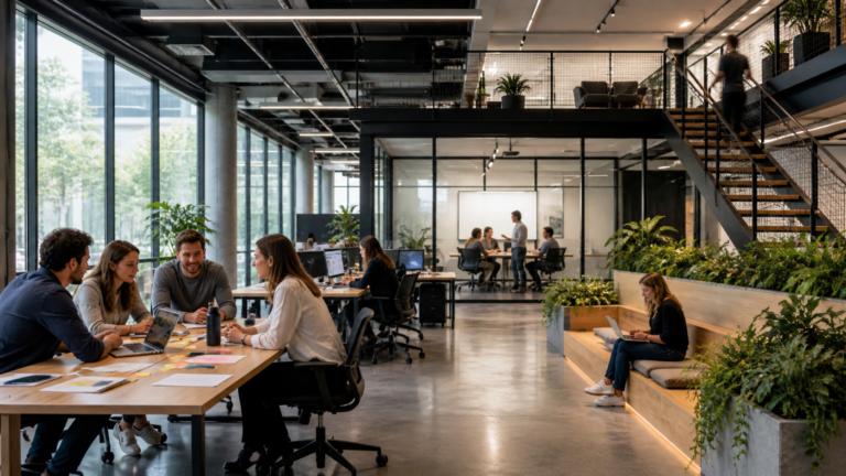 Oficina moderna con equipos colaborando en espacios abiertos y diseño innovador con áreas verdes y luz natural