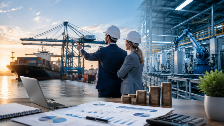 Ejecutivos observando un puerto industrial y una planta automatizada junto a gráficos financieros, en una escena vinculada a inversiones, industria y desarrollo económico