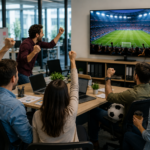 Empleados mirando un partido del Mundial 2026 en una oficina mientras un informe muestra el impacto en el clima laboral