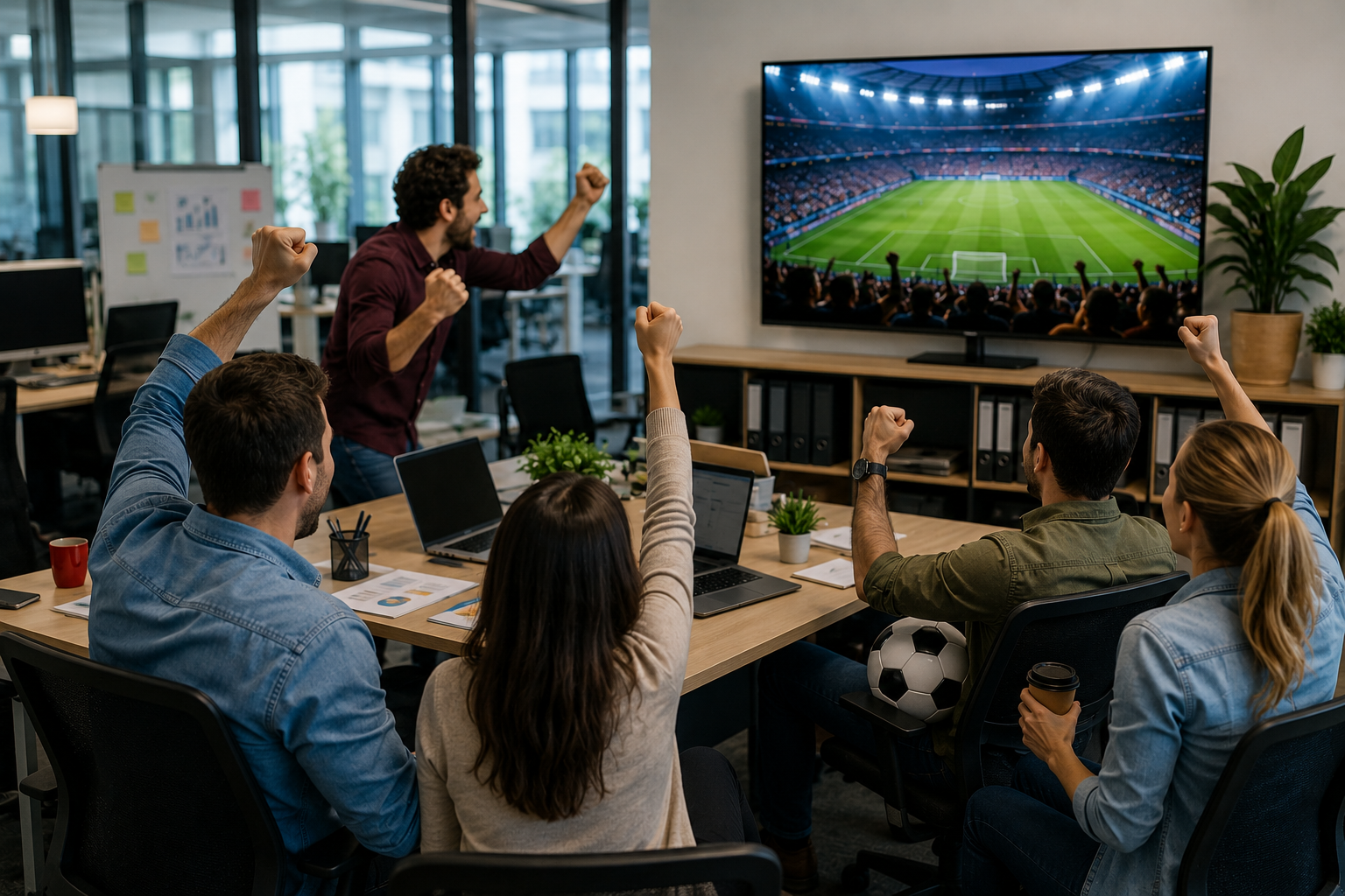 Empleados mirando un partido del Mundial 2026 en una oficina mientras un informe muestra el impacto en el clima laboral