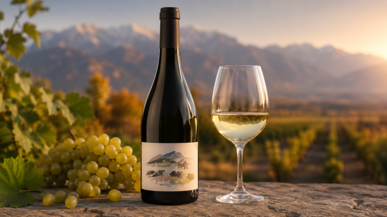 Botella de vino Chardonnay junto a una copa y racimos de uva frente a un viñedo y montañas en Valle de Uco
