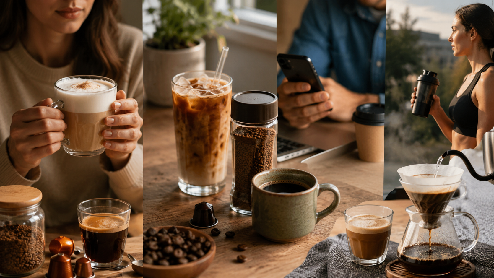 Diferentes estilos de consumo de café con bebidas calientes y frías, preparación artesanal y personas disfrutando café en distintos momentos del día