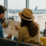 Pareja planificando un viaje en un aeropuerto con valijas mapa y celular antes de abordar un vuelo