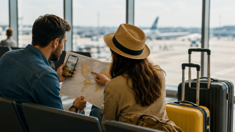Pareja planificando un viaje en un aeropuerto con valijas mapa y celular antes de abordar un vuelo