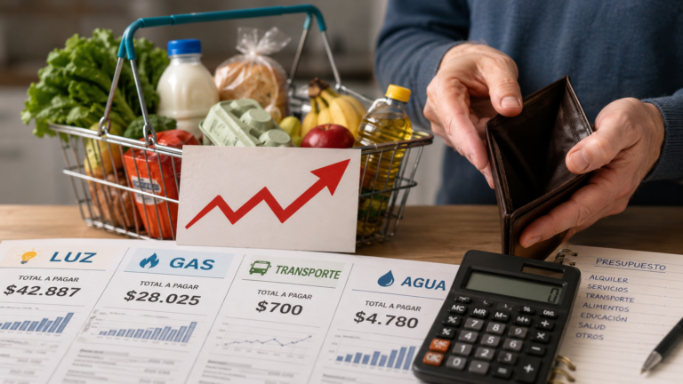 Persona mostrando una billetera vacía junto a facturas de servicios, calculadora y compras de supermercado, representando el impacto de la inflación y el aumento de tarifas en la economía familiar