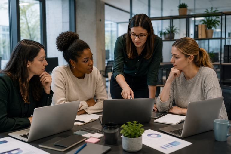 Grupo de mujeres trabajando en una reunión profesional dentro de una oficina moderna del sector tecnológico