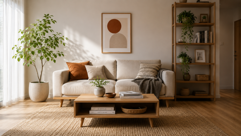 Living moderno y minimalista con muebles de madera, sofá claro y decoración cálida que refleja las nuevas tendencias del hogar en Argentina