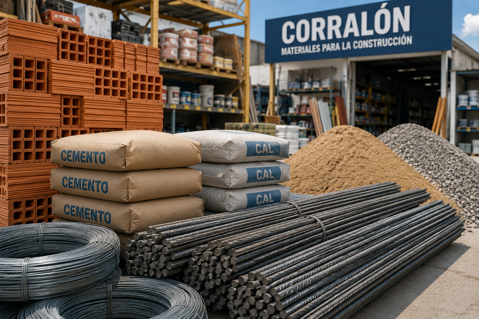 Materiales e insumos para la construcción exhibidos en un corralón en una imagen sobre recuperación del sector constructor