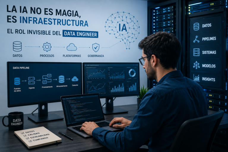Especialista en ingeniería de datos trabajando con pantallas de análisis e infraestructura para inteligencia artificial en una oficina tecnológica