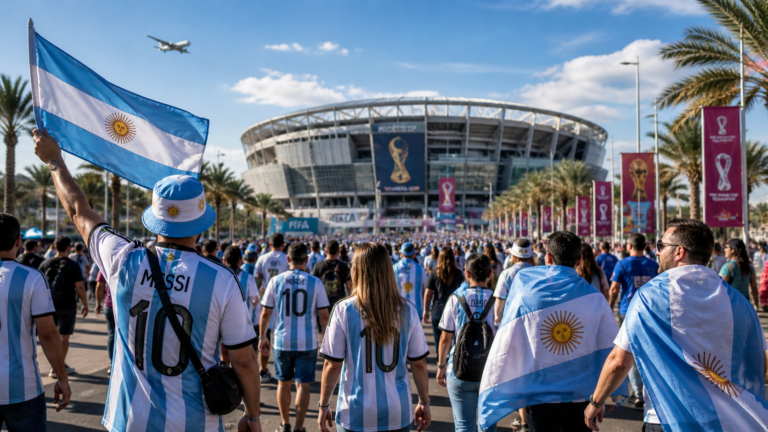 Hinchas argentinos caminando hacia un estadio del Mundial con camisetas de la Selección y banderas celestes y blancas