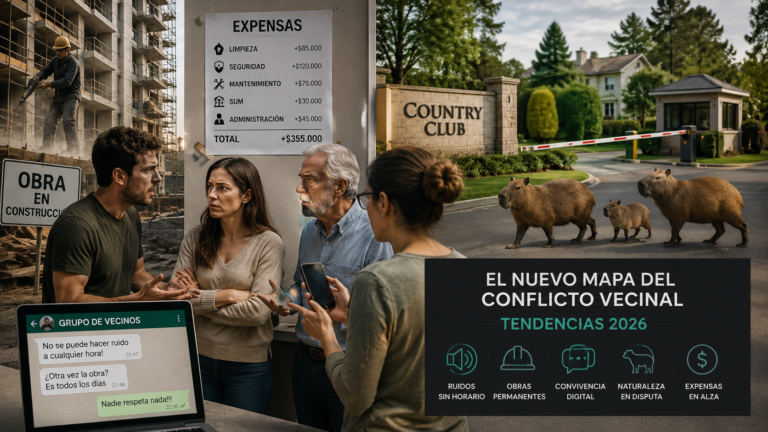 Vecinos discutiendo por expensas y ruidos frente a una obra mientras carpinchos circulan en un barrio cerrado en una imagen sobre conflictos vecinales en 2026