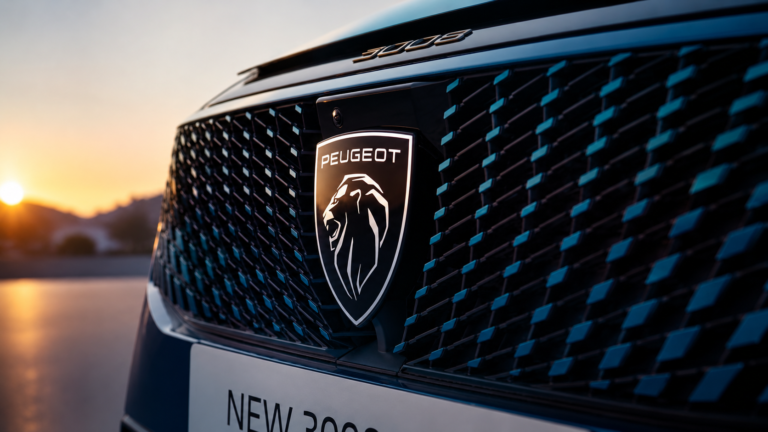 Primer plano de la parrilla y el logo de un Peugeot 3008 en una imagen promocional de la marca automotriz