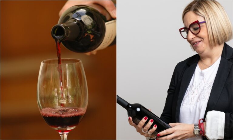 Copa de vino tinto siendo servida junto a una sommelier observando una botella, en una imagen vinculada al crecimiento de la cultura del vino y la formación profesional