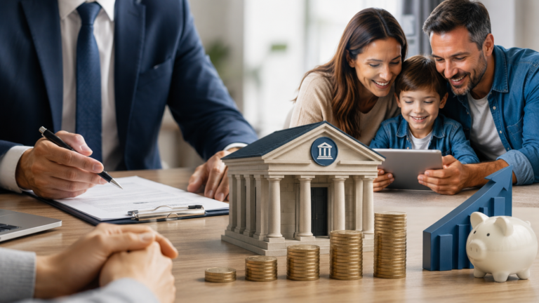 Escena financiera con una familia utilizando una tablet junto a gráficos de crecimiento, monedas y una maqueta bancaria, representando créditos, ahorro y expansión del sistema financiero
