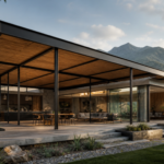 Casa moderna de una planta con estructura de acero expuesta techo plano y grandes ventanales integrada al paisaje natural