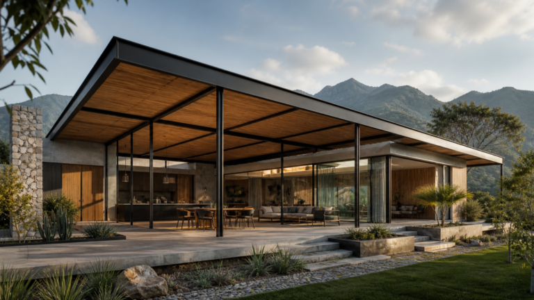 Casa moderna de una planta con estructura de acero expuesta techo plano y grandes ventanales integrada al paisaje natural
