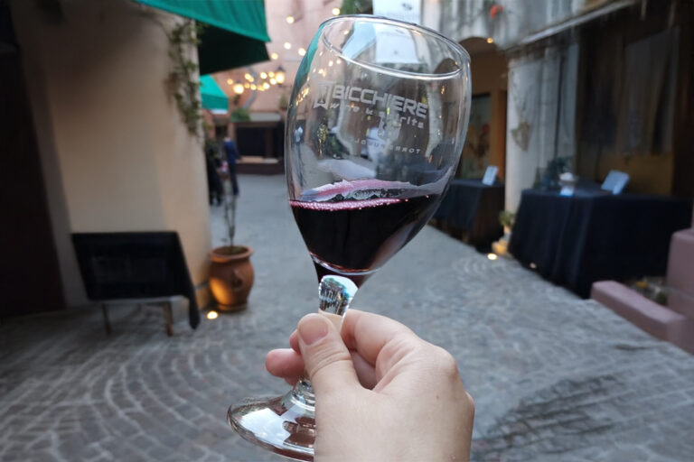 Copa de vino tinto durante un evento de degustación de Bicchiere en un paseo estilo toscano en Buenos Aires
