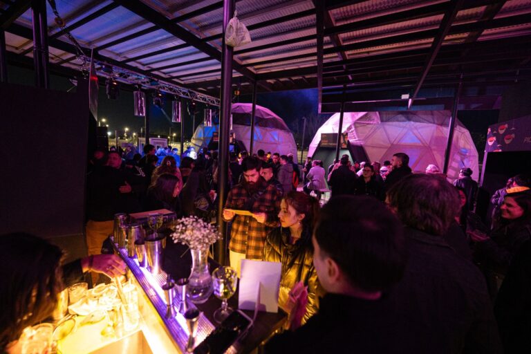 Público disfrutando cócteles en barras durante un evento nocturno en el Parque de Innovación de Buenos Aires con luces y música en vivo