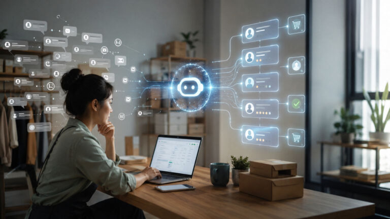 Emprendedora utilizando herramientas de inteligencia artificial y automatización en una pequeña empresa moderna