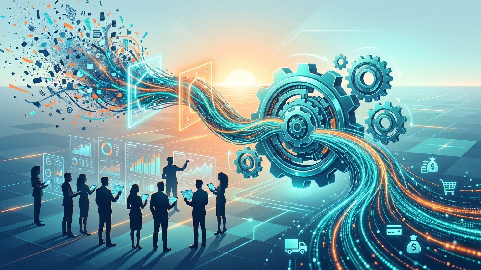 Ilustración de flujos de datos inteligencia artificial y equipos de trabajo conectados en operaciones tecnológicas empresariales