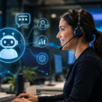 Operadora de atención al cliente utilizando tecnología de inteligencia artificial en un centro de operaciones digital, con interfaces virtuales que representan automatización y asistencia inteligente
