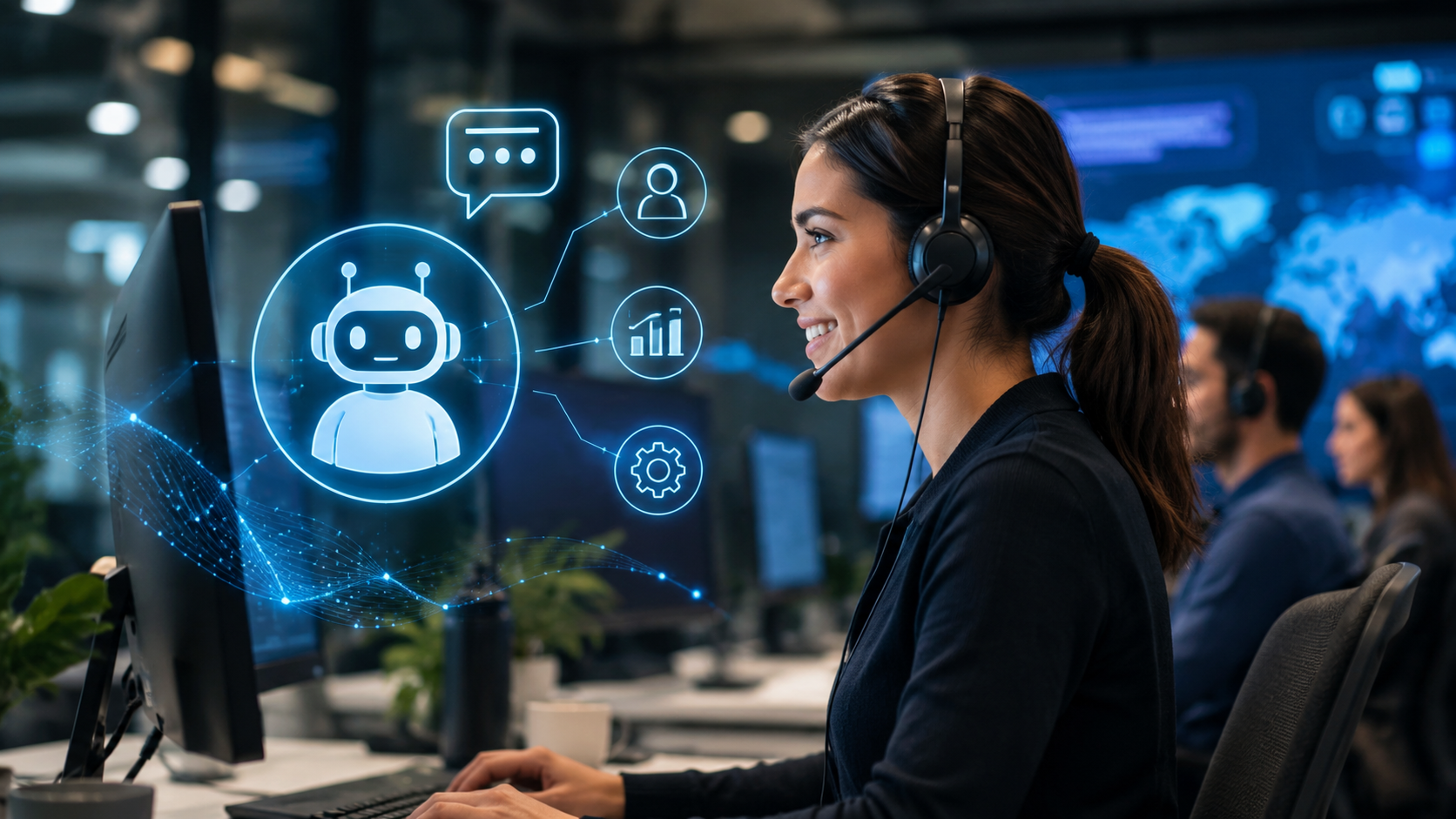 Operadora de atención al cliente utilizando tecnología de inteligencia artificial en un centro de operaciones digital, con interfaces virtuales que representan automatización y asistencia inteligente