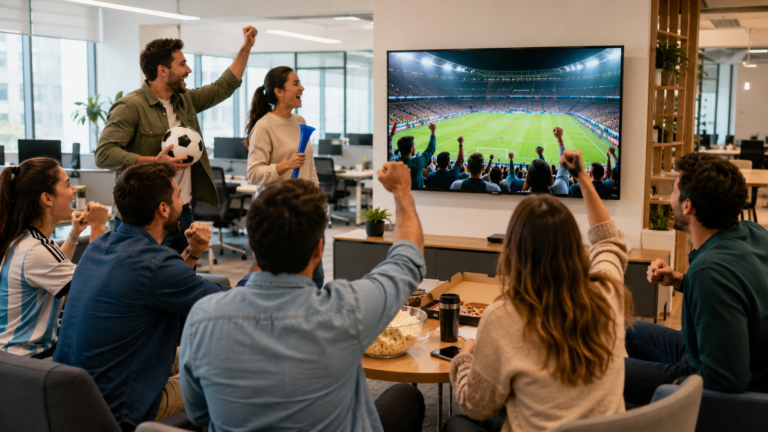 Grupo de compañeros de trabajo reunidos en una oficina moderna viendo un partido de fútbol en pantalla gigante, celebrando y compartiendo un momento de integración que fortalece el clima laboral y el trabajo en equipo