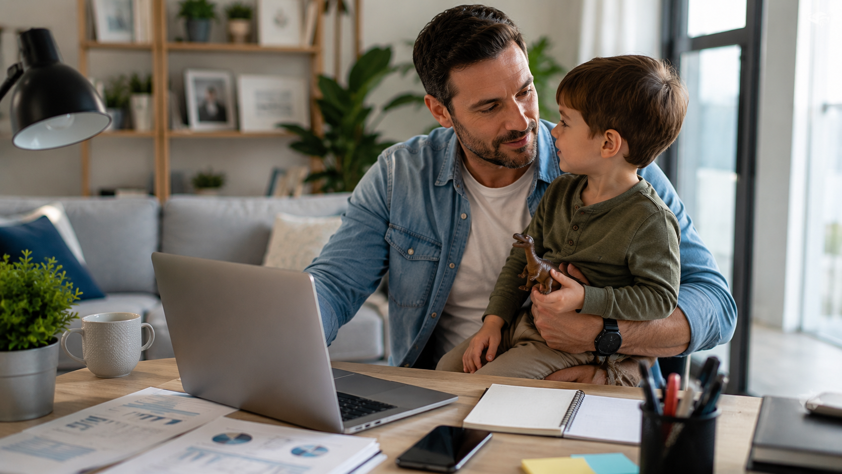 Padre trabajando desde su hogar mientras comparte tiempo con su hijo pequeño, reflejando la búsqueda de equilibrio entre la vida laboral, la familia y el bienestar personal en el contexto del Día del Padre