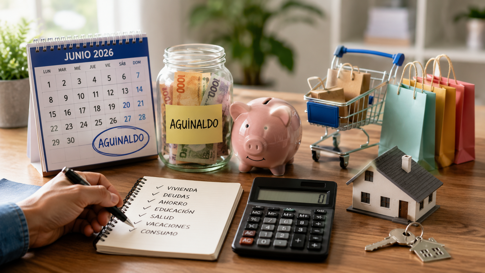 Aguinaldo de junio 2026: mesa con billetes, alcancía, calculadora, carrito de compras y una lista de prioridades financieras que refleja decisiones de consumo, ahorro, pago de deudas e inversión de los argentinos