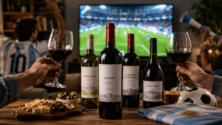 Botellas de vino argentino y copas servidas frente a una pantalla con un partido de fútbol, mientras hinchas celebran el Mundial en un ambiente festivo con los colores de Argentina