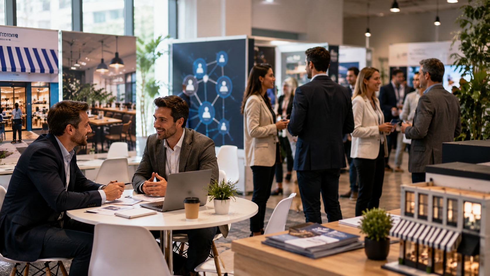 Empresarios y emprendedores participan de una ronda de negocios y networking en un evento de franquicias, intercambiando ideas y oportunidades de expansión comercial