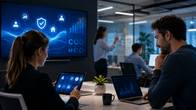 Profesionales trabajan con herramientas digitales y analizan datos en un entorno corporativo moderno, reflejando la estrategia de transformación digital y mejora de la experiencia impulsada por Allianz Argentina
