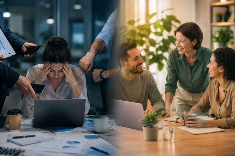 Trabajadora experimenta estrés por la sobrecarga digital mientras, en contraste, un equipo participa de una reunión colaborativa enfocada en el bienestar laboral y el liderazgo saludable