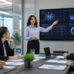Equipo de profesionales reunido en una sala corporativa analizando datos, indicadores y proyectos de inteligencia artificial para mejorar los resultados del negocio