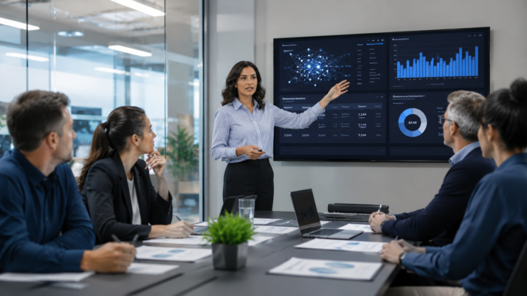 Equipo de profesionales reunido en una sala corporativa analizando datos, indicadores y proyectos de inteligencia artificial para mejorar los resultados del negocio