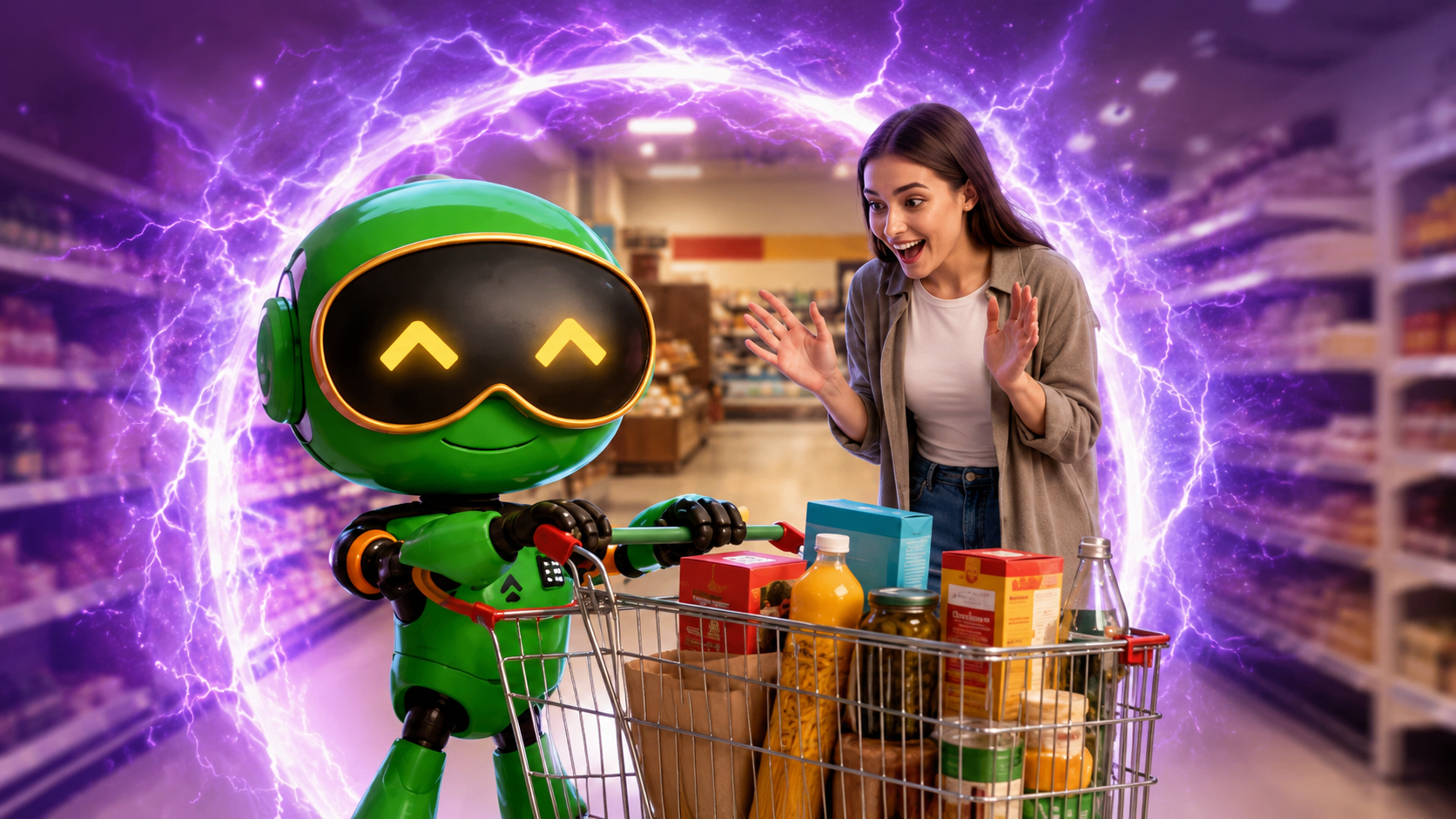 Persona realiza compras junto a un robot en un supermercado, en una campaña de Changomás que destaca el regreso de precios de productos a valores de 2025