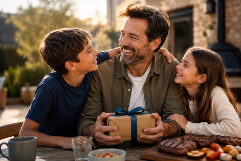 Padre comparte un momento especial con sus hijos durante una comida familiar al aire libre en el marco del Día del Padre 2026