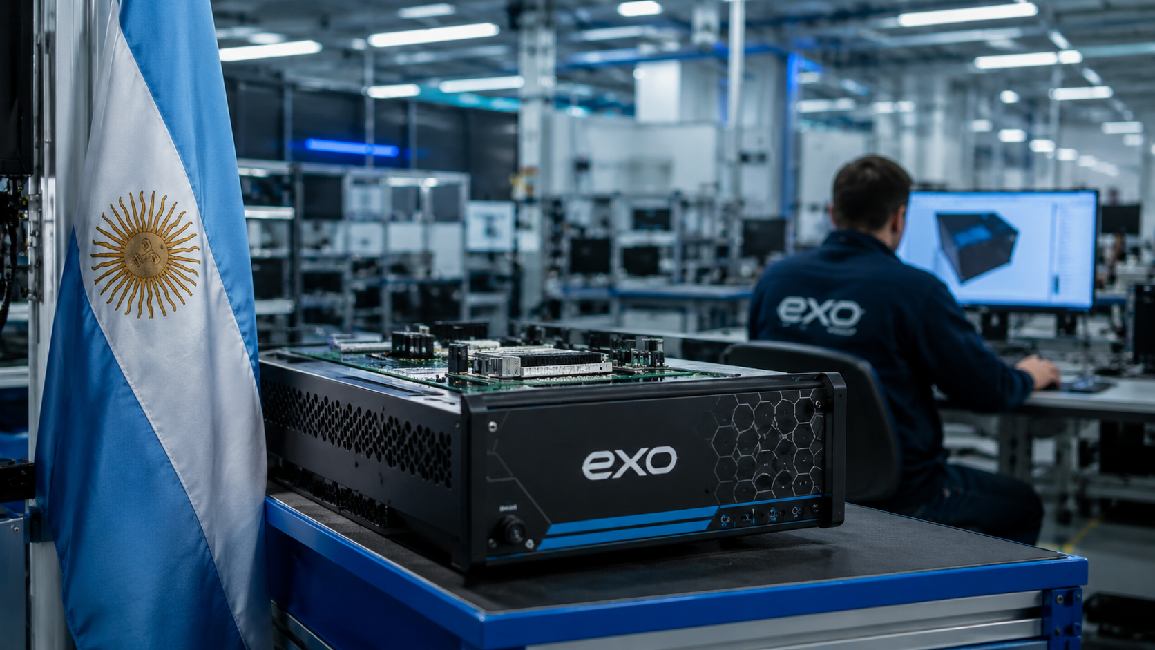Planta tecnológica de EXO Argentina con equipamiento electrónico, un profesional trabajando en diseño e ingeniería y la bandera argentina, representando innovación, industria y producción nacional