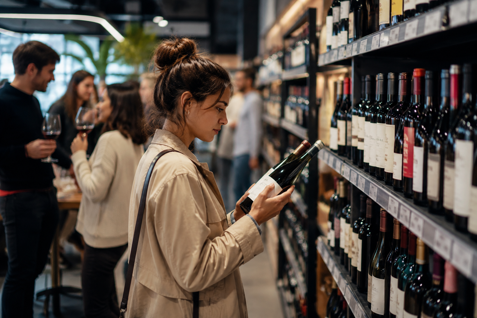 Consumidora observa una botella de vino en una vinoteca mientras analiza opciones de compra, reflejando las nuevas tendencias de consumo en la industria vitivinícola