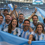 Grupo de personas celebrando en un estadio de fútbol con camisetas y banderas argentinas, representando el premio de Experta Seguros para asistir al Mundial 2026