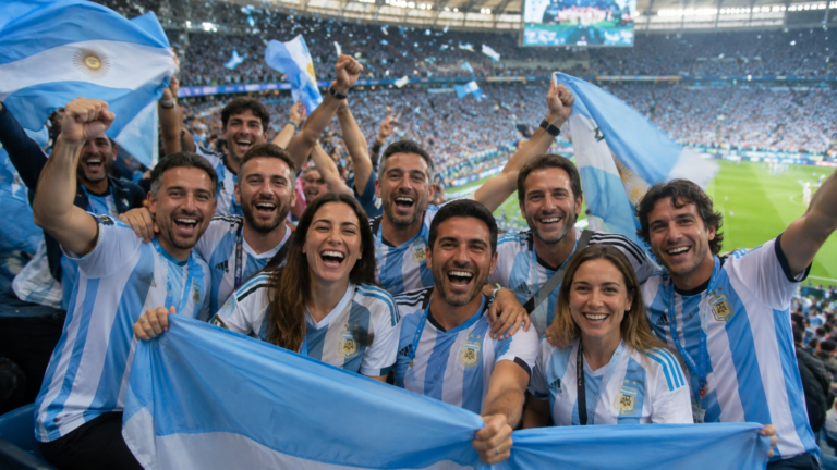 Grupo de personas celebrando en un estadio de fútbol con camisetas y banderas argentinas, representando el premio de Experta Seguros para asistir al Mundial 2026