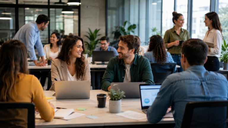 Equipo de trabajo reunido en una oficina moderna, compartiendo ideas y colaborando en un ambiente laboral positivo que refleja confianza en el futuro de su sector de actividad