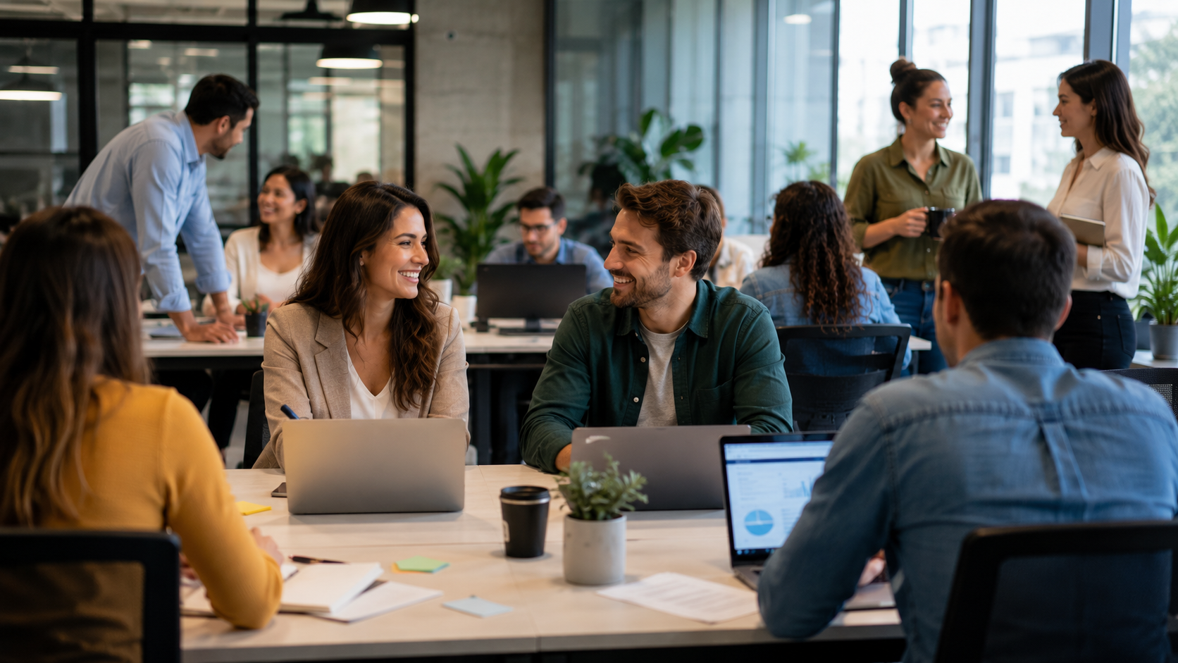 Equipo de trabajo reunido en una oficina moderna, compartiendo ideas y colaborando en un ambiente laboral positivo que refleja confianza en el futuro de su sector de actividad